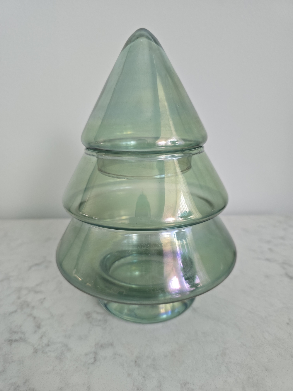 Crate & Barrel Iridescent Green Blown Glass Christmas Tree Candy Candy Jar
